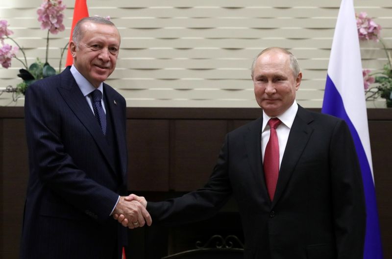 &copy; Reuters. Russian President Vladimir Putin shakes hands with Turkish President Tayyip Erdogan during a meeting in Sochi, Russia September 29, 2021. Sputnik/Vladimir Smirnov/Pool via REUTERS 