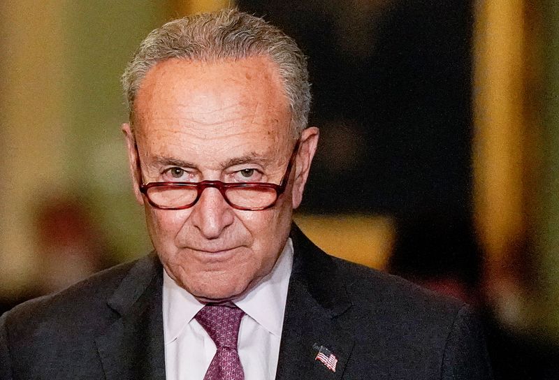 &copy; Reuters. FILE PHOTO: U.S. Senate Majority Leader Chuck Schumer (D-NY) faces reporters following the Senate Democrats weekly policy lunch at the U.S. Capitol in Washington, U.S., September 28, 2021. REUTERS/Elizabeth Frantz