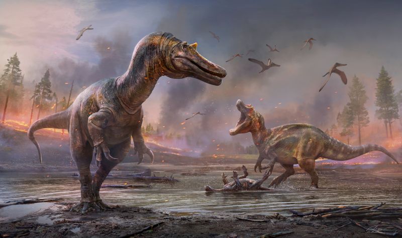 &copy; Reuters. The meat-eating dinosaurs Ceratosuchops inferodios, in the foreground, and Riparovenator milnerae, in the background are seen in an undated artist's rendition. Fossils of these two Cretaceous Period dinosaurs were discovered on England’s Isle of Wight. 