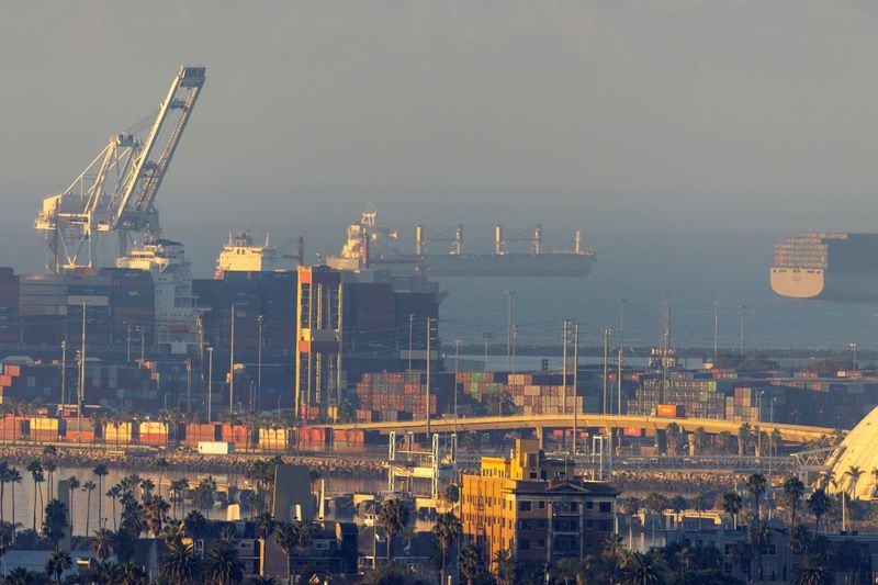 &copy; Reuters. FILE PHOTO: The port of Long Beach is shown as a record number of cargo container ships wait to unload in Long Beach, California, U.S., September 22, 2021.  REUTERS/Mike Blake