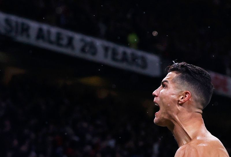 &copy; Reuters. Soccer Football - Champions League - Group F - Manchester United v Villarreal - Old Trafford, Manchester, Britain - September 29, 2021 Manchester United's Cristiano Ronaldo celebrates scoring their second goal REUTERS/Phil Noble