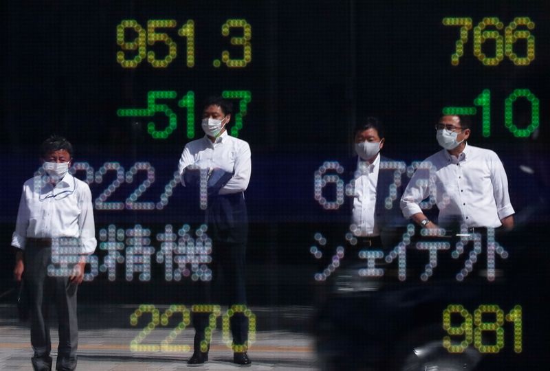 &copy; Reuters. FILE PHOTO: Passersby wearing protective masks are reflected on an electronic board displaying stock prices outside a brokerage amid the coronavirus disease (COVID-19) outbreak, in Tokyo, Japan, September 29, 2021. REUTERS/Issei Kato