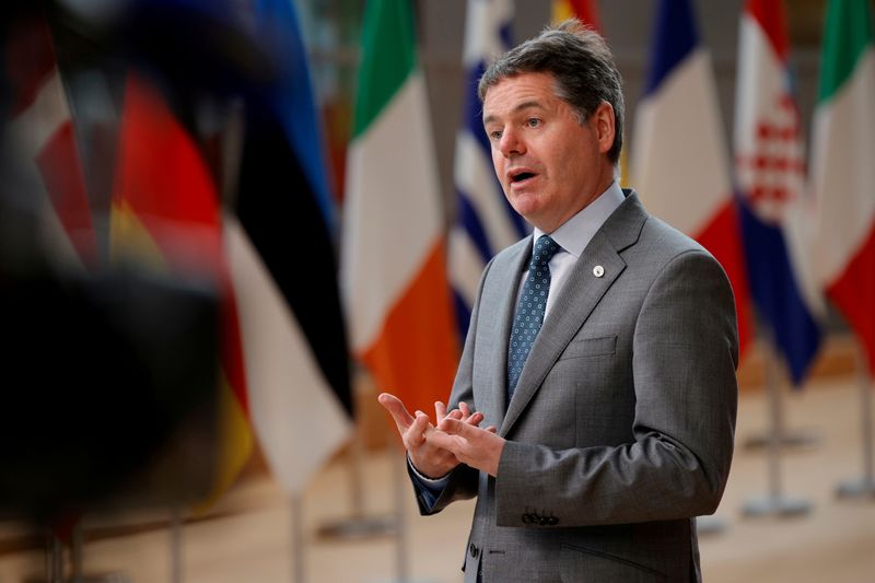 &copy; Reuters. FILE PHOTO: Eurogroup President Paschal Donohoe talks to journalists as he arrives for the second day of an EU summit at the European Council building in Brussels, Belgium June 25, 2021. Olivier Matthys/Pool via REUTERS//File Photo