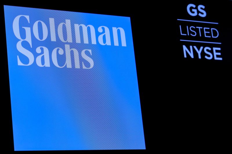&copy; Reuters. FILE PHOTO: The ticker symbol and logo for Goldman Sachs is displayed on a screen on the floor at the New York Stock Exchange (NYSE) in New York, U.S., December 18, 2018. REUTERS/Brendan McDermid/File Photo