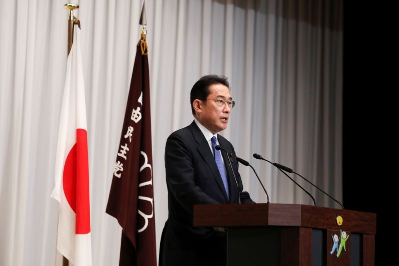 &copy; Reuters. FILE PHOTO: Former Japanese Foreign Minister Fumio Kishida speaks during a press conference at the Liberal Democratic Party (LPD) headquarters after he was elected as the party president in Tokyo, Japan September 29, 2021. Du Xiaoyi/Pool via REUTERS 