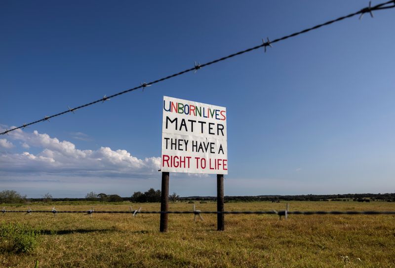&copy; Reuters. FILE PHOTO: A handmade anti-abortion sign faces a stretch of highway outside of Austin nearly a month after Texas enacted the strictest anti-abortion law in the United States, September, 29, 2021. REUTERS/Evelyn Hockstein