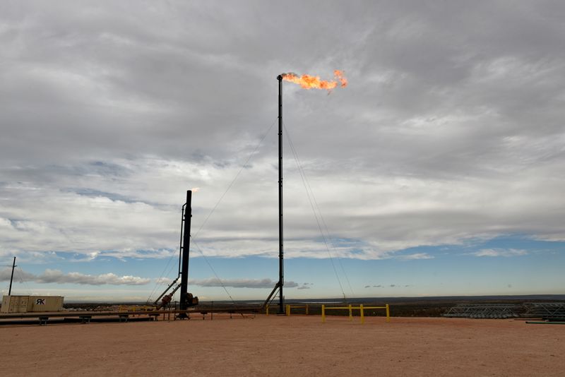 © Reuters. FILE PHOTO: Natural gas flares off at a production facility owned by Exxon near Carlsbad, New Mexico, U.S. February 11, 2019. Picture taken February 11, 2019. REUTERS/Nick Oxford/File Photo