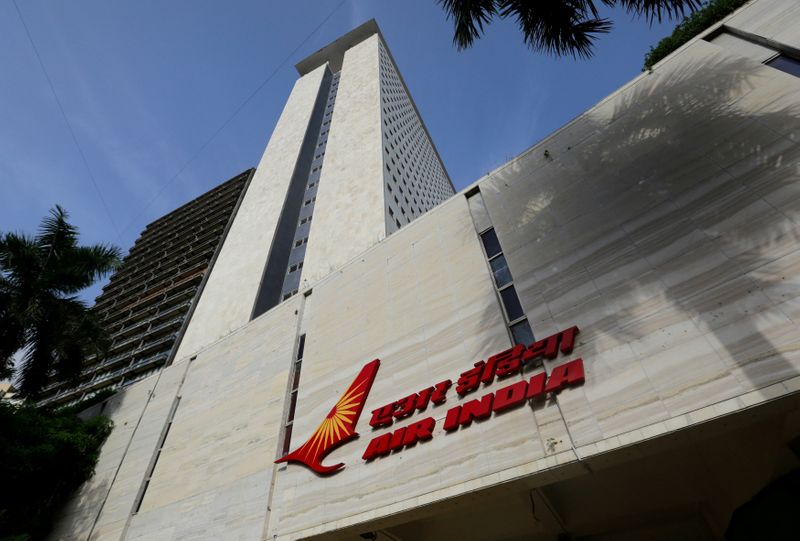 &copy; Reuters. FILE PHOTO: The Air India logo is seen on the facade of its office building in Mumbai, India, July 7, 2017. Picture taken July 7, 2017. REUTERS/Danish Siddiqui   