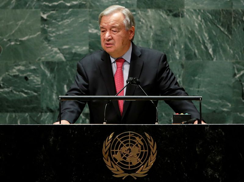 &copy; Reuters. الأمين العام للأمم المتحدة أنطونيو جوتيريتش يلقي كلمة أمام الجمعية العامة في نيويورك يوم 21 سبتمبر أيلول 2021. تصوير: إدواردو مونوز - رويترز.