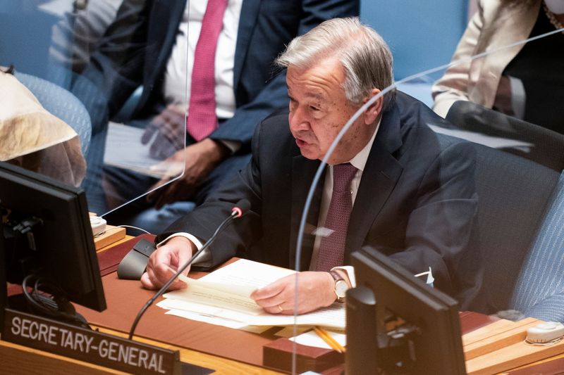 © Reuters. الأمين العام للأمم المتحدة أنطونيو جوتيريش يتحدث في نيويورك يوم 23 سبتمبر ايلول 2021. صورة من ممثل لوكالات الأنباء.