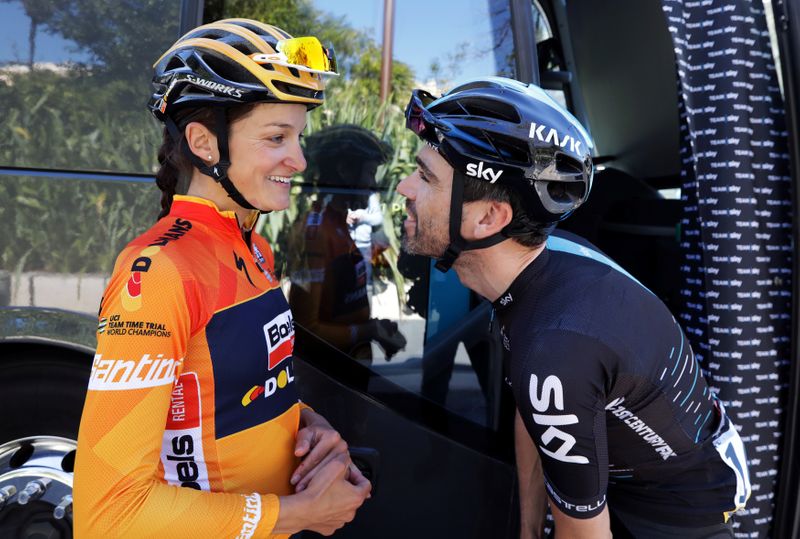 &copy; Reuters. FILE PHOTO: British cyclist Lizzie Armitstead-Deignan talks with her husband Sky rider Philip Deignan before the start of the 7th stage of Paris Nice cycling race, in Nice, France March 11, 2017.              REUTERS/Eric Gaillard