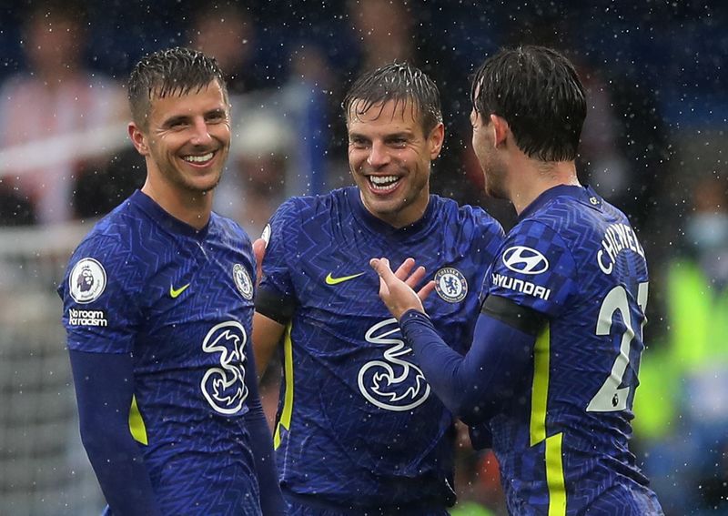 &copy; Reuters. Jogadores do Chelsea celebram em vitória sobe o Southampton. 2/10/2021   REUTERS/David Klein 