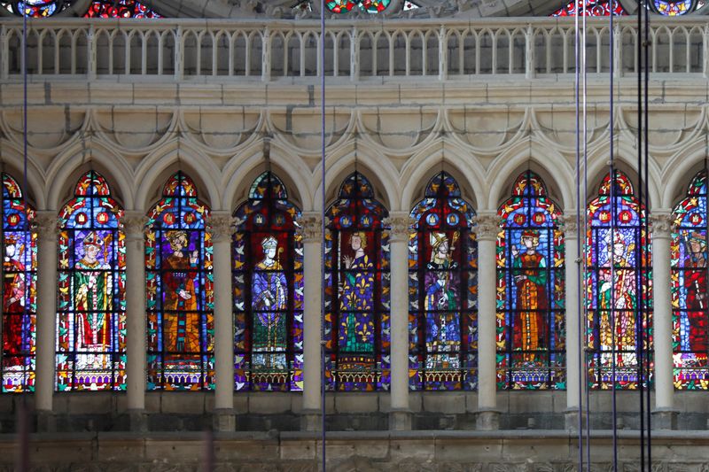 &copy; Reuters. FILE PHOTO: Stained-glass windows are seen inside the Reims Cathedral, built in the Gothic style and a UNESCO world heritage site, where 31 kings of France were coronated, in Reims, France, April 18, 2019. Picture taken April 18, 2019.  REUTERS/Charles Pl