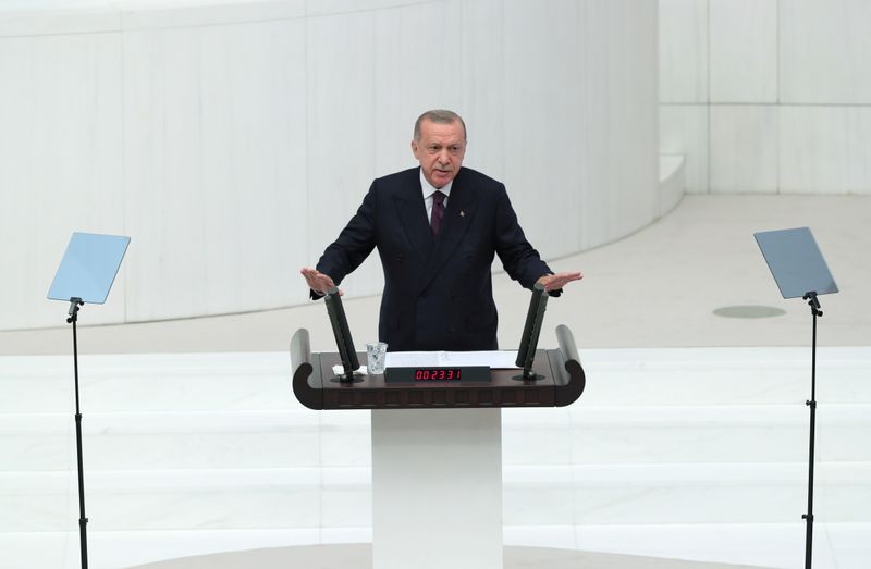 &copy; Reuters. Turkey's President Tayyip Erdogan addresses members of parliament as he attends the reopening of the Turkish parliament after the summer recess in Ankara, Turkey, October 1, 2021. Murat Cetinmuhurdar/PPO/Handout via REUTERS