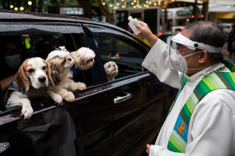&copy; Reuters. قس ينثر الماء المقدس على حيوانات أليفه داخل سيارة في احتفال باليوم العالمي للحيوان وعيد القديس فرنسيس نصير الحيوانات في مانيلا يوم الأحد. ت