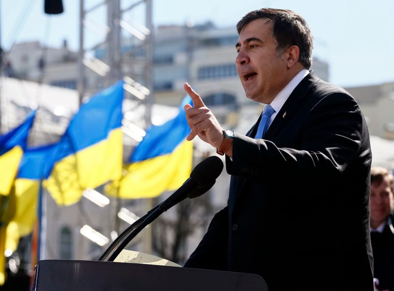 &copy; Reuters. Former Georgian president Mikhail Saakashvili addresses members of a Batkivshchyna party during a meeting in central Kiev, March 29, 2014. Ukrainian former prime minister Yulia Tymoshenko, released from jail last month after her arch-foe Viktor Yanukovich