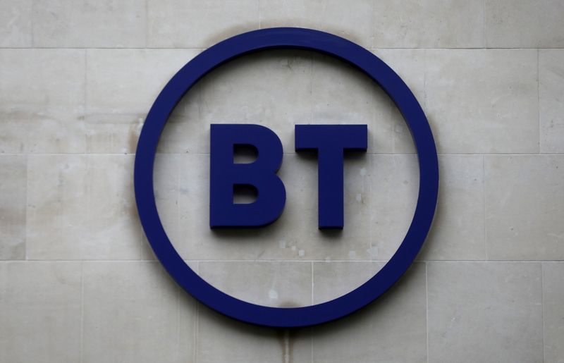 &copy; Reuters. FILE PHOTO: Company's logo is displayed at British Telecom (BT) headquarters in London, Britain, November 15, 2019. REUTERS/Simon Dawson/File Photo