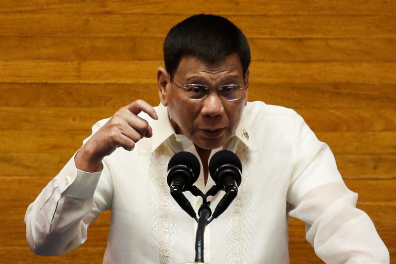 &copy; Reuters. Philippine President Rodrigo Duterte gestures as he delivers his 6th State of the Nation Address (SONA), at the House of Representative in Quezon City, Metro Manila, Philippines, July 26, 2021. REUTERS/Lisa Marie David