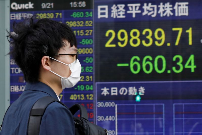 © Reuters. A man wearing a protective mask, amid the COVID-19 outbreak, walks past an electronic board displaying Japan's Nikkei index outside a brokerage in Tokyo, Japan, September 21, 2021. REUTERS/Kim Kyung-Hoon