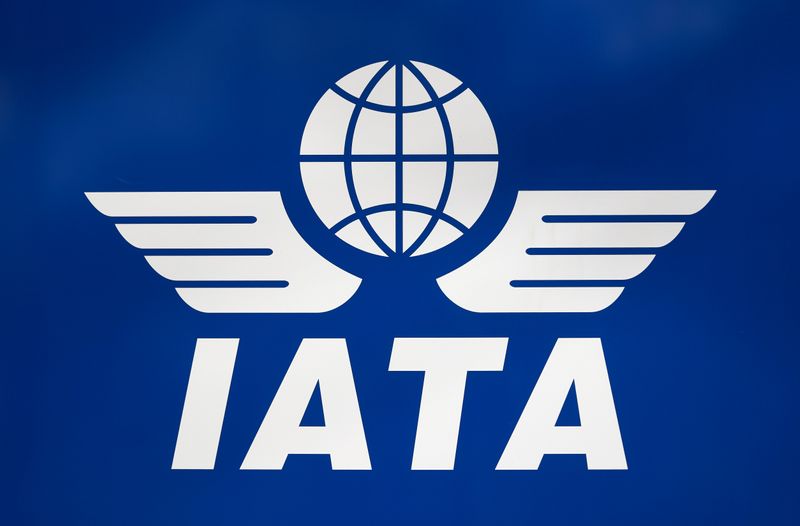 © Reuters. A logo of the International Air Transport Association (IATA) is pictured before and an interview with Reuters on the consequences of the outbreak of the coronavirus disease (COVID-19) in Geneva, Switzerland, March 13, 2020. REUTERS/Denis Balibouse