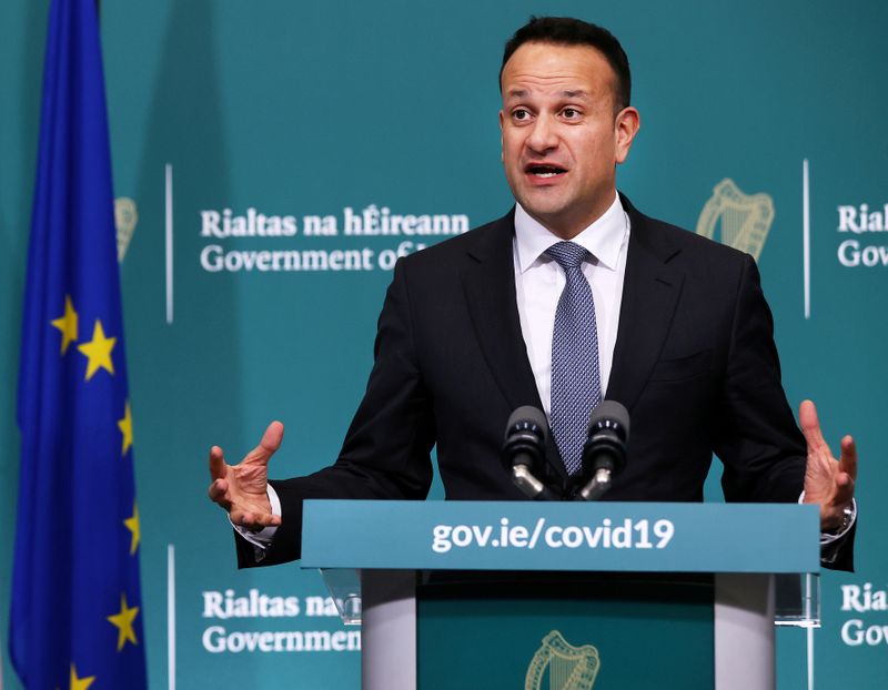 &copy; Reuters. FILE PHOTO: Ireland's Prime Minister Taoiseach Leo Varadkar speaks during a news conference on the ongoing situation with the coronavirus disease (COVID-19) at Government Buildings in Dublin, Ireland March 24, 2020.  Steve Humphreys/Pool via REUTERS