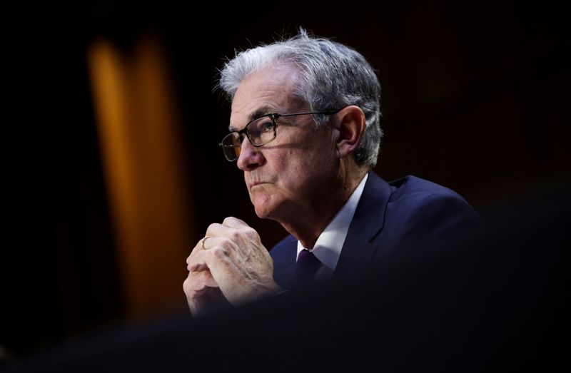 &copy; Reuters. FILE PHOTO: Federal Reserve Chairman Jerome Powell testifies during a Senate Banking, Housing and Urban Affairs Committee hearing on the CARES Act, at the Hart Senate Office Building in Washington, DC, U.S., September 28, 2021. Kevin Dietsch/Pool via REUT