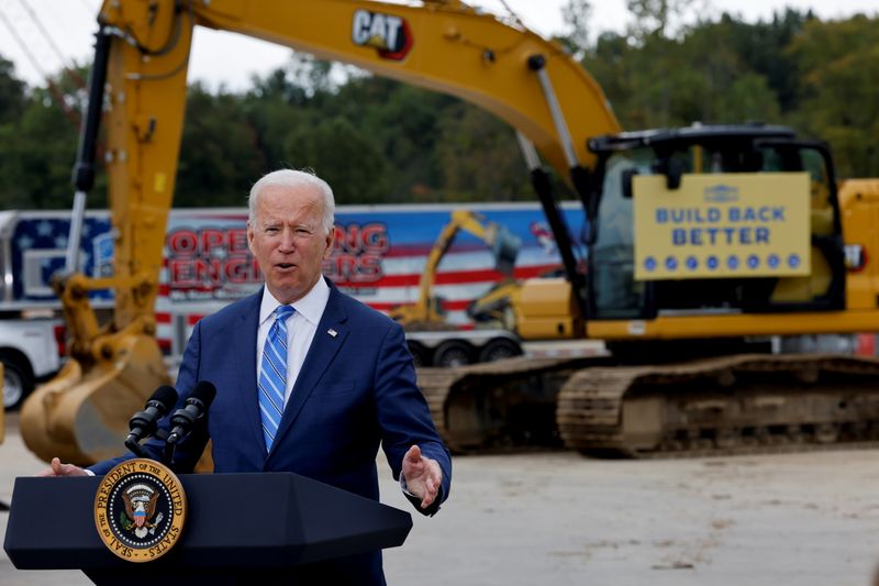 © Reuters. U.S. President Joe Biden delivers remarks on infrastructure investments at the International Union of Operating Engineers Local 324 training facility in Howell, Michigan, U.S. October 5, 2021. REUTERS/Jonathan Ernst