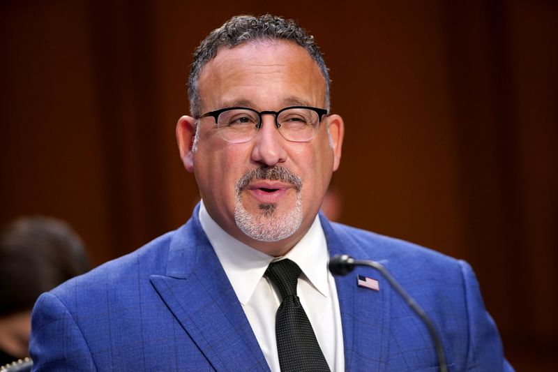 &copy; Reuters. FILE PHOTO: Secretary of Education Miguel Cardona gives an opening statement  during a Senate Health, Education, Labor, and Pensions Committee hearing to discuss reopening schools during the coronavirus disease (COVID-19) at Capitol Hill in Washington, D.