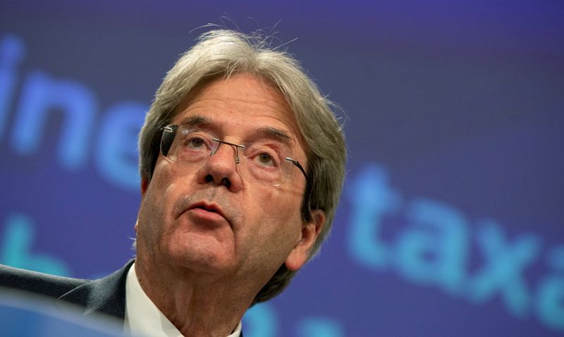 &copy; Reuters. FILE PHOTO: European Commissioner for Economy Paolo Gentiloni speaks during a media conference regarding business taxation in the 21st century at EU headquarters in Brussels, Belgium May 18, 2021. Virginia Mayo/Pool via REUTERS