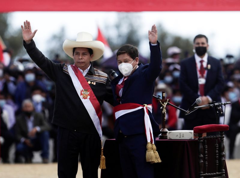 &copy; Reuters. FILE PHOTO: Peru's President Pedro Castillo and Guido Bellido gesture after Castillo named Bellido as his prime minister during an event at the Pampas de Ayacucho Historic Sanctuary, in Ayacucho, Peru July 29, 2021. REUTERS/Angela Ponce//File Photo