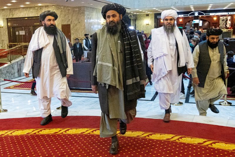 &copy; Reuters. وفد من طالبان أثناء المشاركة في مؤتمر سابق عن أفغانستان في موسكو يوم 18 مارس آذار 2021. صورة لرويترز من ممثل عن وكالات الأنباء