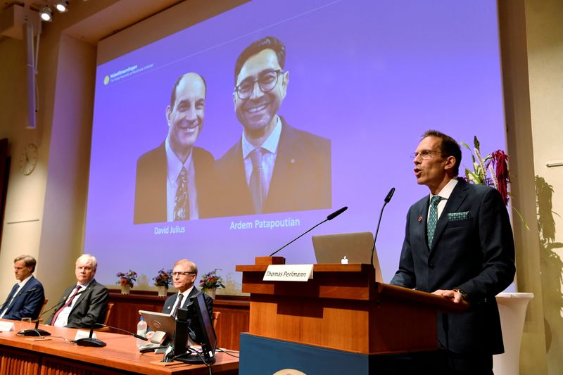 &copy; Reuters. FILE PHOTO: Thomas Perlmann, Secretary of the Nobel Assembly and the Nobel Committee, announces the winners of the 2021 Nobel Prize in Physiology or Medicine David Julius and Ardem Patapoutian (seen on the screen) during a press conference at the Karolins