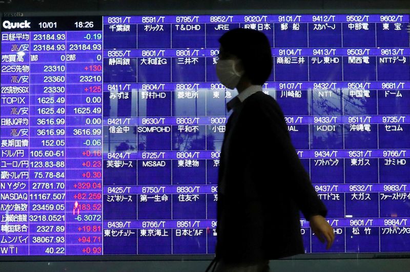 © Reuters. A passerby wearing a protective mask is silhouetted in front of a screen of blank prices on a stock quotation board after Tokyo Stock Exchange temporarily suspended all trading due to system problems, amid the coronavirus disease (COVID-19) pandemic, in Tokyo, Japan October 1, 2020.  REUTERS/Issei Kato