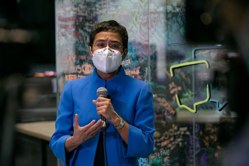 &copy; Reuters. FILE PHOTO: Rappler CEO and Executive Editor Maria Ressa speaks to the media after pleading not guilty to tax evasion charges, in Rappler's office in Pasig City, Metro Manila, Philippines, July 22, 2020. REUTERS/Eloisa Lopez/File Photo