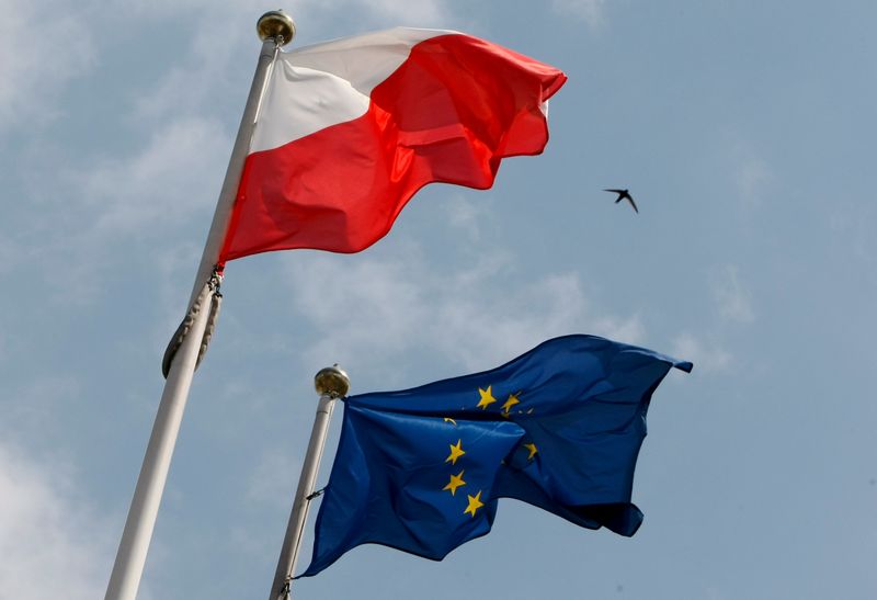 &copy; Reuters. FILE PHOTO: The flags of Poland and European Union flutter in front of the Polish parliament in Warsaw June 29, 2011. REUTERS/Kacper Pempel