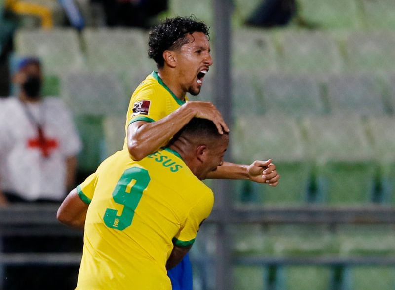 &copy; Reuters. Marquinhos comemora gol marcado durante partida entre Brasil e Venezuela pelas eliminatórias sul-americanas para a Copa do Mundo
07/10/2021 REUTERS/Manaure Quintero