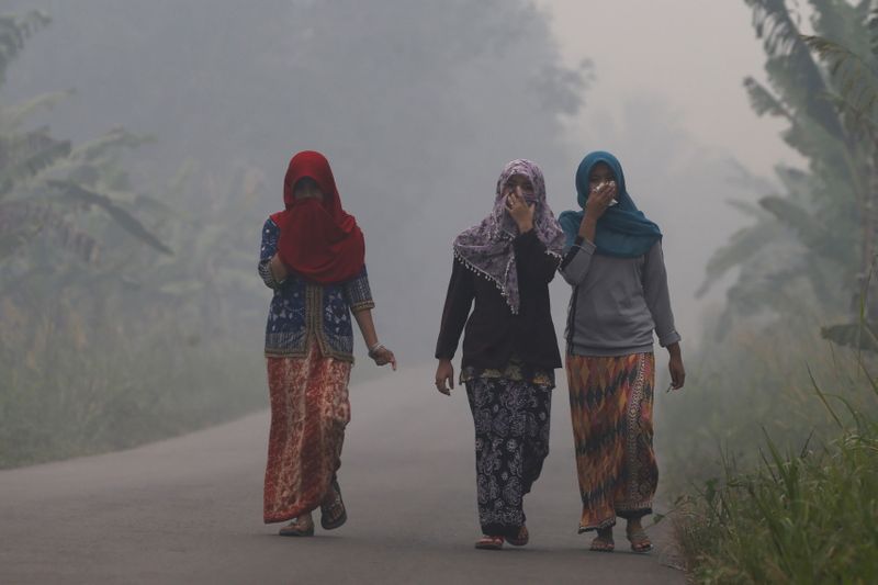 &copy; Reuters. Los aldeanos caminan por una calle mientras la neblina cubre la aldea de Pulau Mentaro en Muaro Jambi, en la isla indonesia de Sumatra, 15 septiembre 2015.
REUTERS/Beawiharta