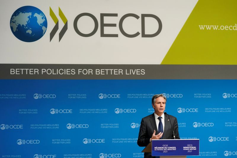 &copy; Reuters. U.S. Secretary of State Antony Blinken speaks during a press briefing with Mathias Cormann, Secretary-General of the Organization for Economic Cooperation and Development, at the OECD's Ministerial Council Meeting, in Paris, France October 6, 2021.  Patri