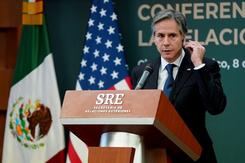 &copy; Reuters. وزير الخارجية الأمريكي أنتوني بلينكن يتحدث في مؤتمر صحفي في مكسيكو سيتي عاصمة المكسيك يوم 8 أكتوبر تشرين الأول 2021. صورة لرويترز من ممثل وكال