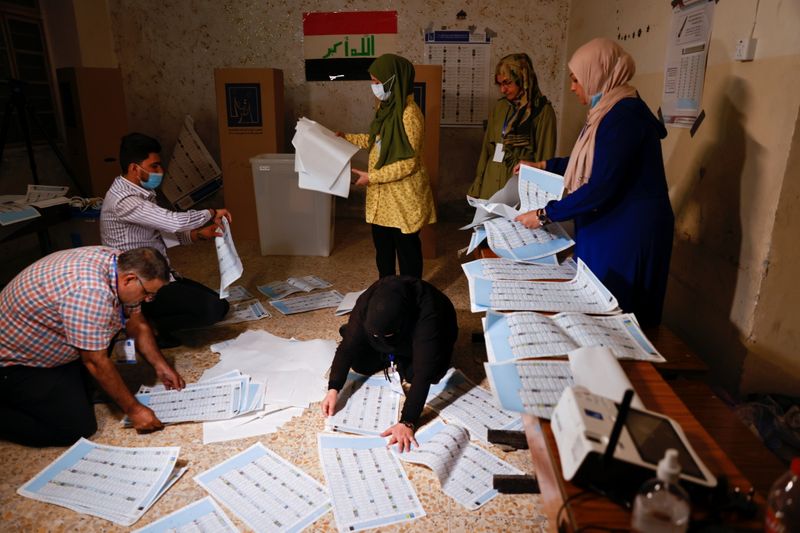 &copy; Reuters. مسؤولون في مركز اقتراع في بغداد يوم الأحد. تصوير: ثائر السوداني - رويترز
