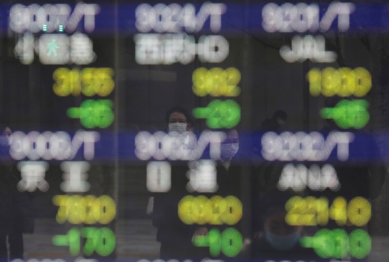 &copy; Reuters. FILE PHOTO: Pedestrians wearing facial masks, following the coronavirus disease (COVID-19) outbreak, are reflected on an electric board showing stock prices outside a brokerage at a business district in Tokyo, Japan, January 4, 2021. REUTERS/Kim Kyung-Hoo