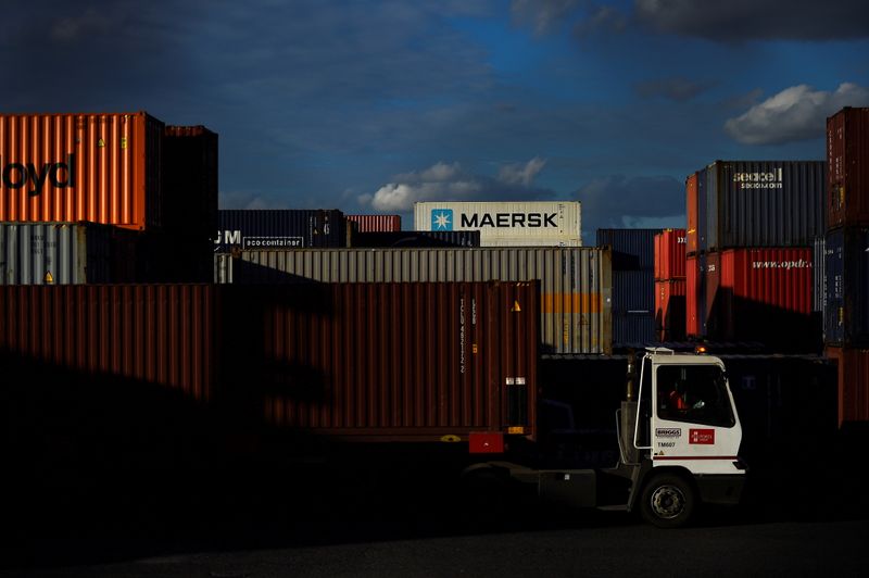 &copy; Reuters. FILE PHOTO: Shipping freight containers are transported at Dublin Port in Dublin, Ireland, September 24, 2018. REUTERS/Clodagh Kilcoyne/File Photo