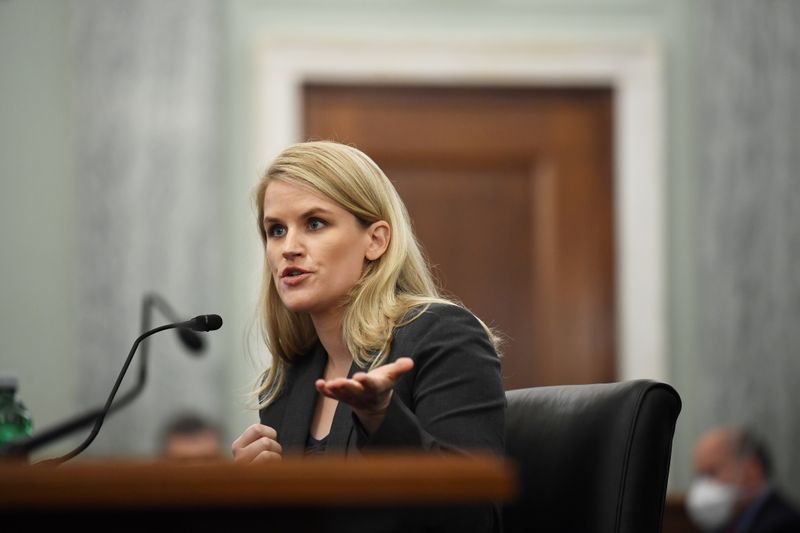 &copy; Reuters. Former Facebook employee and whistleblower Frances Haugen testifies during a Senate Committee on Commerce, Science, and Transportation hearing entitled 'Protecting Kids Online: Testimony from a Facebook Whistleblower' on Capitol Hill, in Washington, U.S.,