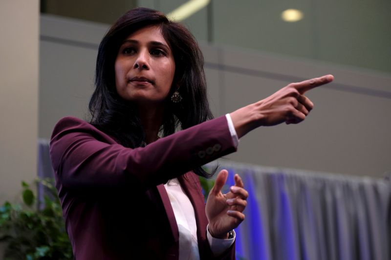 &copy; Reuters. FILE PHOTO: International Monetary Fund Chief Economist Gita Gopinath takes questions at the annual meetings of the IMF and World Bank in Washington, U.S., October 18, 2019. REUTERS/James Lawler Duggan