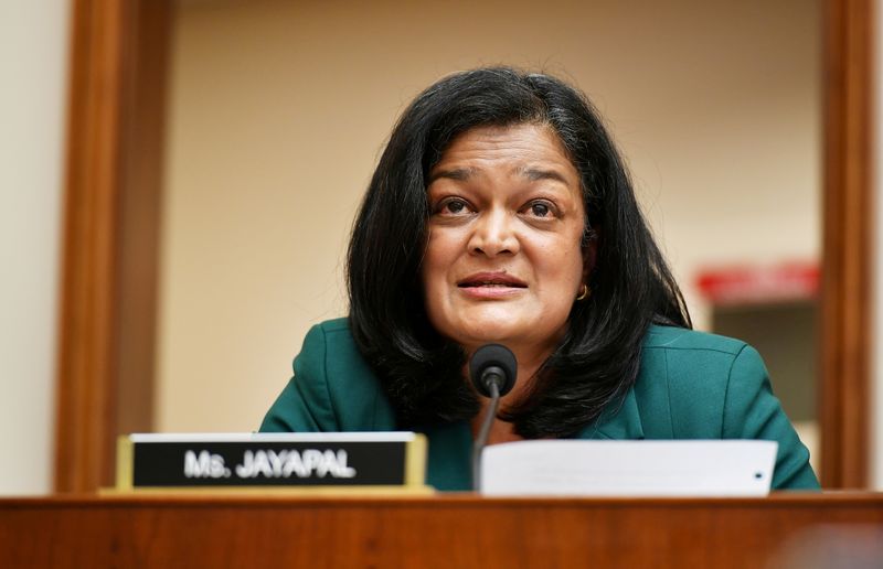 © Reuters. FILE PHOTO: Rep. Pramila Jayapal, (D-WA), speaks during a hearing of the House Judiciary Subcommittee on Antitrust, Commercial and Administrative Law on 