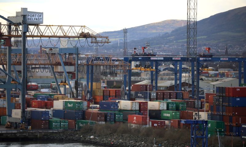 &copy; Reuters. FILE PHOTO: Shipping containers are seen at the Port of Belfast, Northern Ireland January 2, 2021. REUTERS/Phil Noble/File Photo