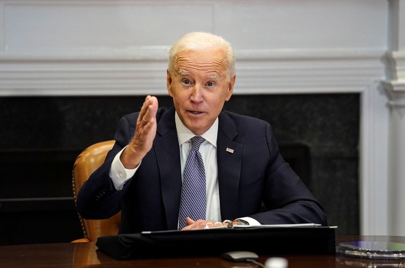 &copy; Reuters. FILE PHOTO: U.S. President Joe Biden speaks as he participates in the virtual CEO Summit on Semiconductor and Supply Chain Resilience from the Roosevelt Room at the White House in Washington, U.S., April 12, 2021. REUTERS/Kevin Lamarque