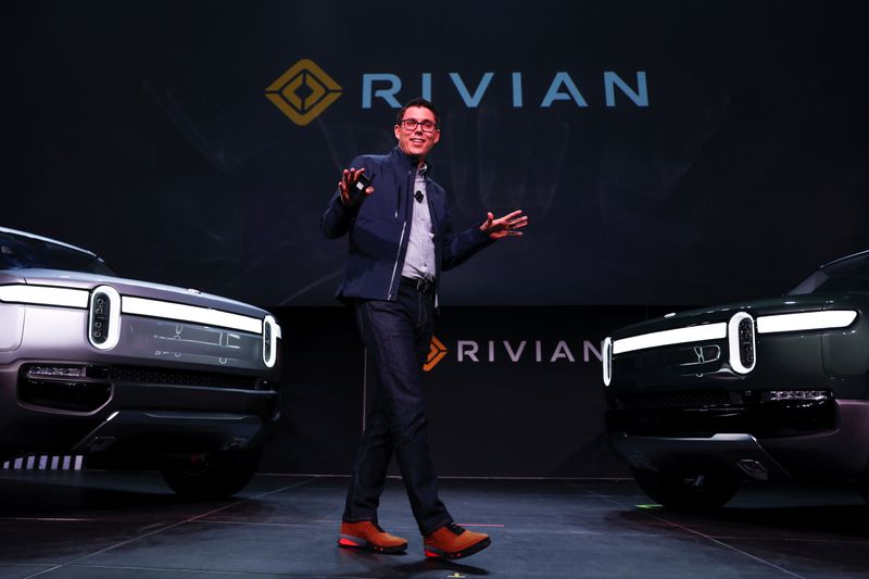 &copy; Reuters. FILE PHOTO: R.J. Scaringe, Rivian's 35-year-old CEO, introduces the world to his company's  R1T all-electric pickup and all-electric R1S SUV at the Los Angeles Auto Show in Los Angeles, California, U.S. November 27, 2018. REUTERS/Mike Blake