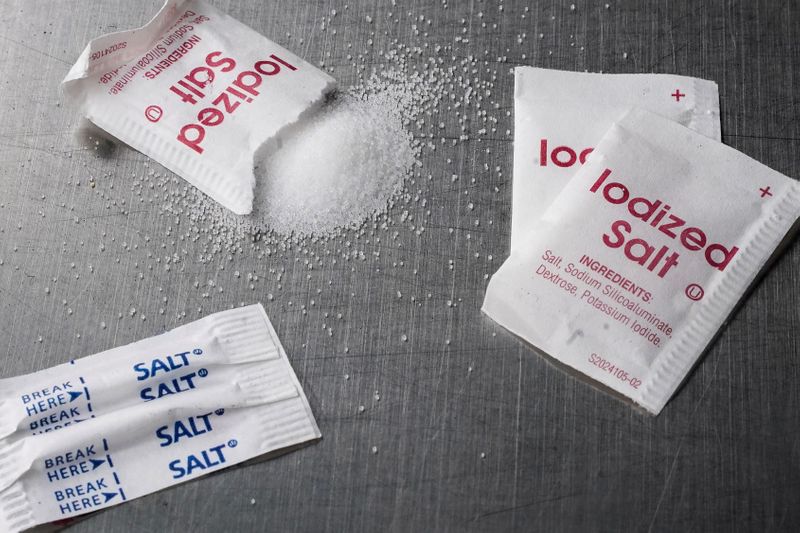 © Reuters. Packets of table salt are pictured in this illustration following the Food and Drug Administration's new guidelines for sodium intake in the Manhattan borough of New York City, New York, U.S., October 13, 2021.  REUTERS/Carlo Allegri/Illustration