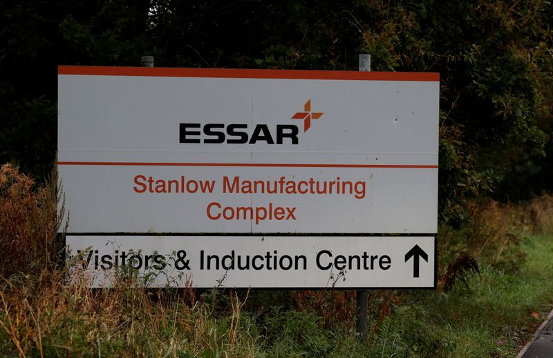 &copy; Reuters. FILE PHOTO: Signage is seen outside Essar Oil UK’s Stanlow oil refinery near Ellesmere Port, Britain, September 27, 2021. REUTERS/Phil Noble